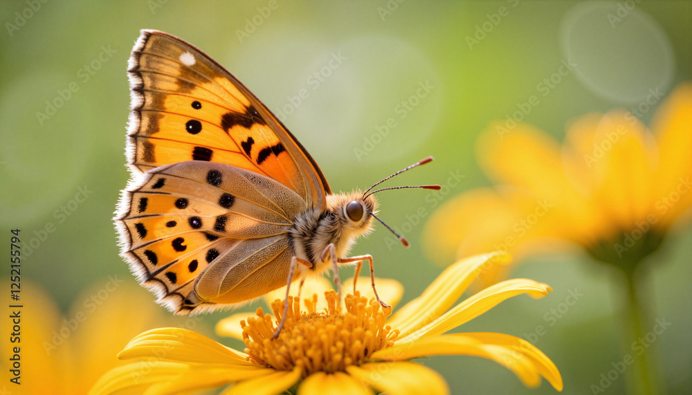 Fototapeta premium Butterfly resting on a yellow flower with a soft green background