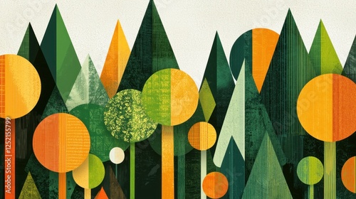 Poster on sustainable forestry showcasing abstract geometric trees and biodiversity