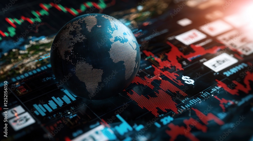 A 3D globe representing global finance amidst stock market trends and data visualizations A 3D globe representing global finance amidst stock market trends and data visualizations