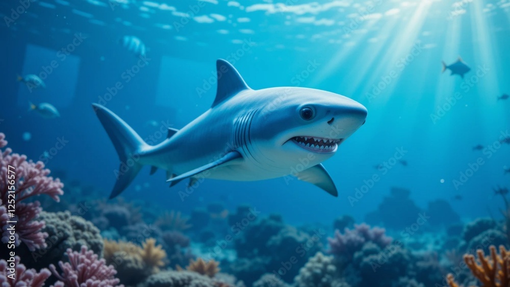 Fototapeta premium Great white sharks swimming in the blue ocean with colorful coral background