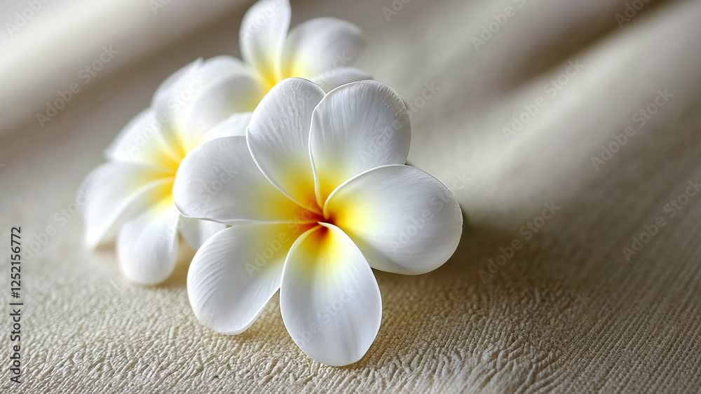 Beautiful white flowers with yellow centers placed elegantly on a textured surface Beautiful white flowers with yellow centers placed elegantly on a textured surface