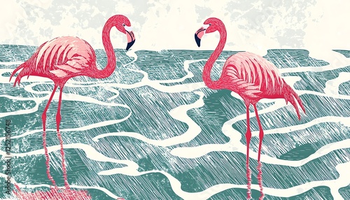 Illustrated poster featuring geometric flamingos standing in abstract water patterns, Swiss-inspired design