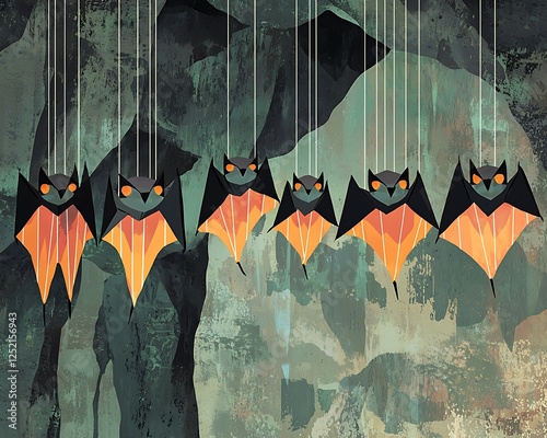 Illustrated poster featuring bats with geometric wings hanging from a stylized cave ceiling, Swiss design