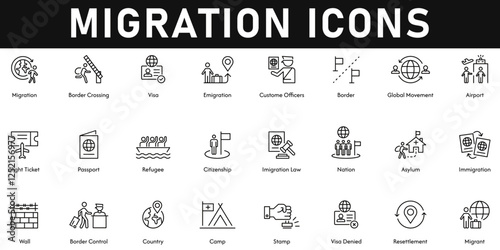 Migration Icons vector illustration with thin line editable stroke containing resettlement, stamp, camp, wall, immigration, citizenship, passport, flight ticket, airport, global movement, visa, border