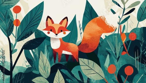 Illustrated poster foxes with bouffant tails in an abstract forest using basic geometric forms, Swiss design