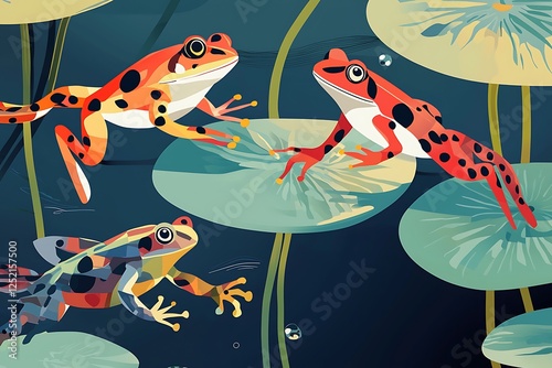 Illustrated poster featuring frogs with geometric spots leaping on lily pads, Swiss design