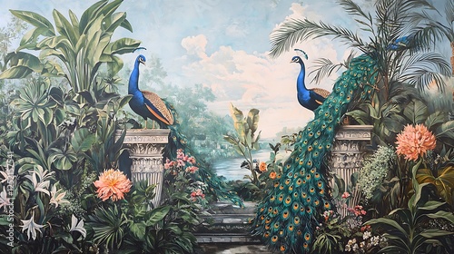 Ornamental Roman mural with peacocks perched amidst lush botanical plants and floral arrangements