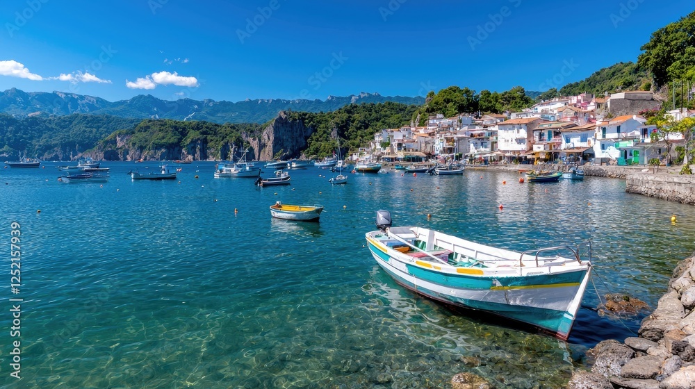 Fototapeta premium Coastal town harbor with boats on a sunny day