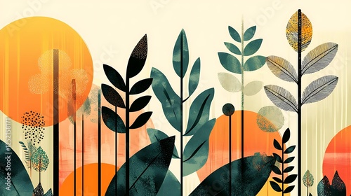 Poster on sustainable forestry showcasing abstract geometric trees and biodiversity