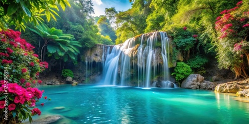 waterfall cascading into crystal clear turquoise pool surrounded by lush greenery and vibrant tropical flowers in serene natural setting, nature, serenity