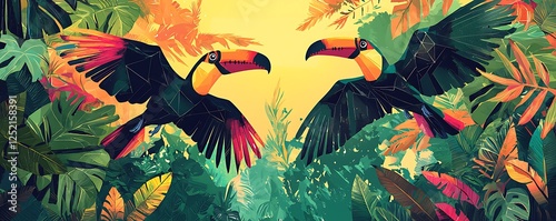 Illustrated poster toucans with stylized geometric wings flying through vibrant canopies, Swiss
