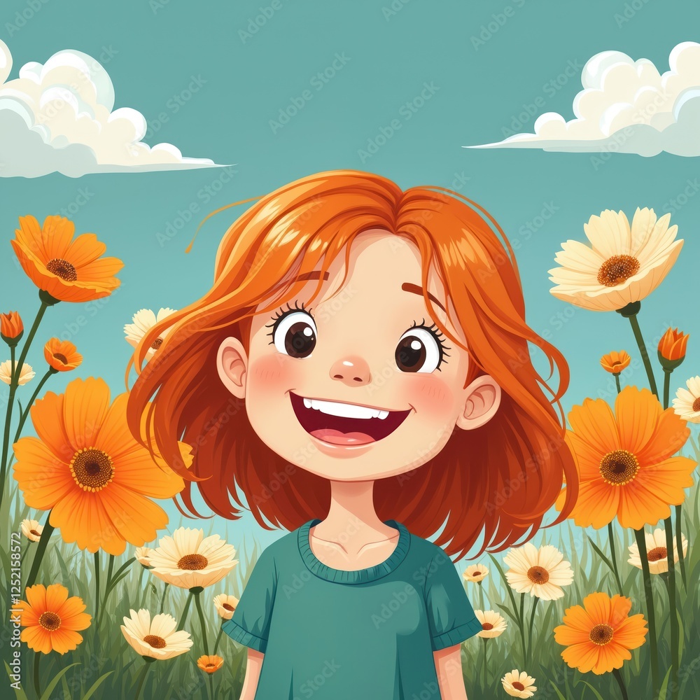 Cute smiling red haired girl stands among large bright flowers in meadow. Visual cartoon character on blue background. Happiness, harmony concept illustration for cards and invitations. Cute smiling red haired girl stands among large bright flowers in meadow. Visual cartoon character on blue background. Happiness, harmony concept illustration for cards and invitations.