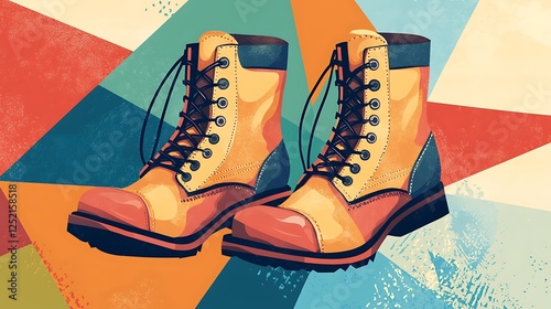Illustrated vintage boots with geometric laces and bold backgrounds