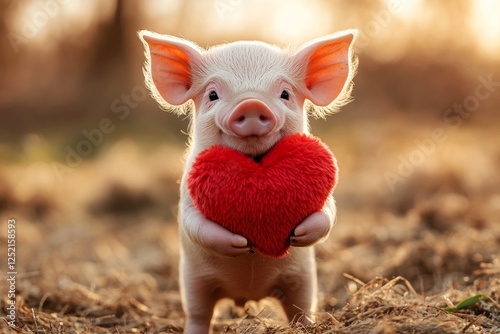 Wallpaper Mural Pig - my desired animal. Cute pig baby with fluffy red heart on in a natural habitat. Marketing animal concept art. Cute furry romance. Romantic animal couple illustration. Love and wildlife. Torontodigital.ca