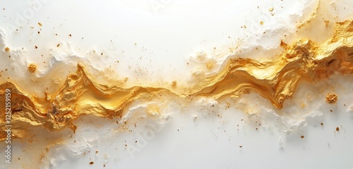 Abstract golden wave with grainy particles on white background. Luxury design with smoothy lines, curves, light with gold foil effect for elegant presentation. Elegant template design. Metallic look.