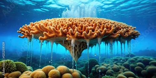Coral structure with slimy deposits and drips on an isolated oceanic surface, coral reef, marine life, underwater world, unique feature, dripping liquid photo