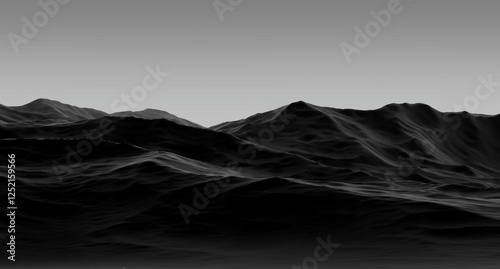 Black mountain landscape on the sky horizon,rocky relief stone surface,abstract design,wallpaper.3D render photo