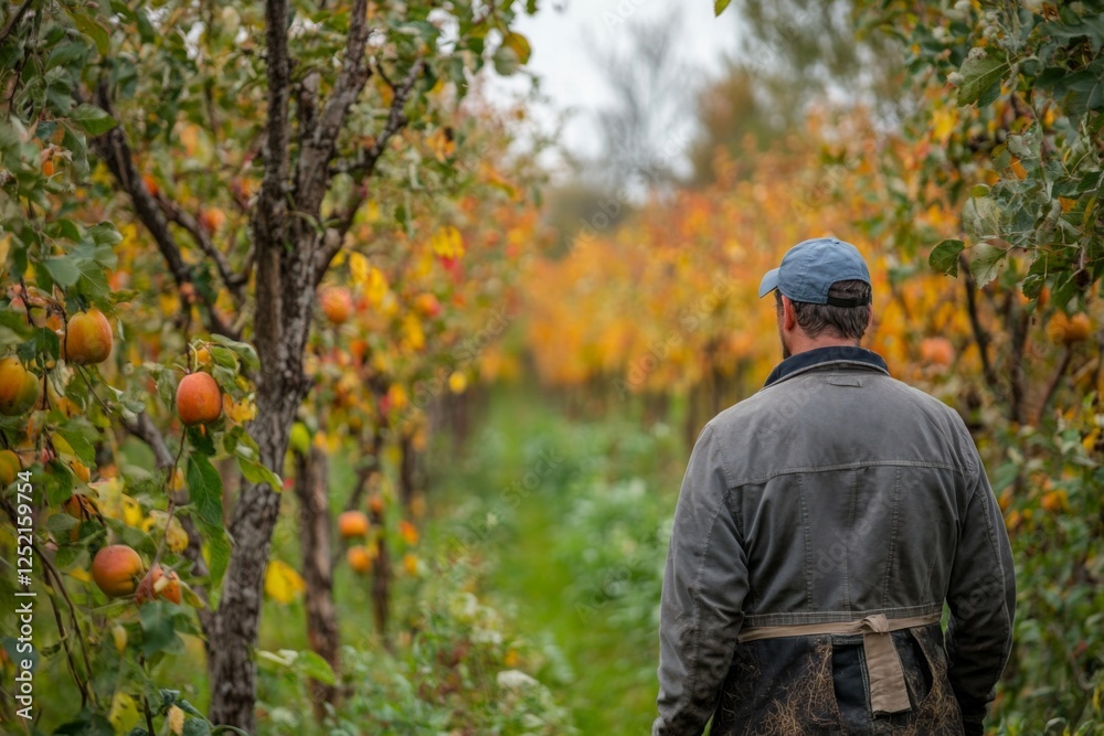 Man walking in a scenic autumn orchard surrounded by colorful trees Man walking in a scenic autumn orchard surrounded by colorful trees