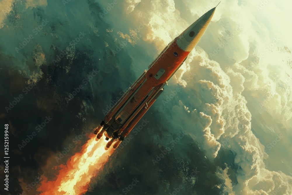 Obraz premium Dynamic rocket launch with bright flames and smoke against a dramatic sky