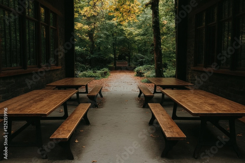 A series of wooden picnic tables are lined up in a forest clearing