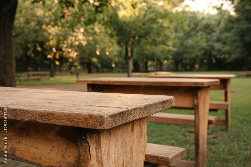 Three wooden picnic tables are set up in a park Three wooden picnic tables are set up in a park