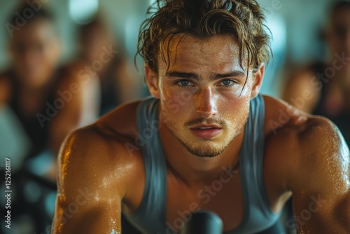 Portrait of a young athletic man with sweat on his face under neon lights