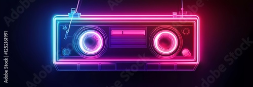 Neon sign set of cassette tape, vinyl record, and player logo design with a retro style for a DJ club party vector illustration on a black background. 