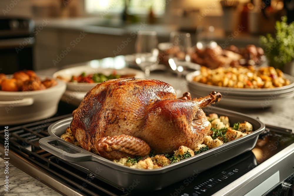 Fototapeta premium Perfectly roasted chicken on a tray surrounded by vegetables