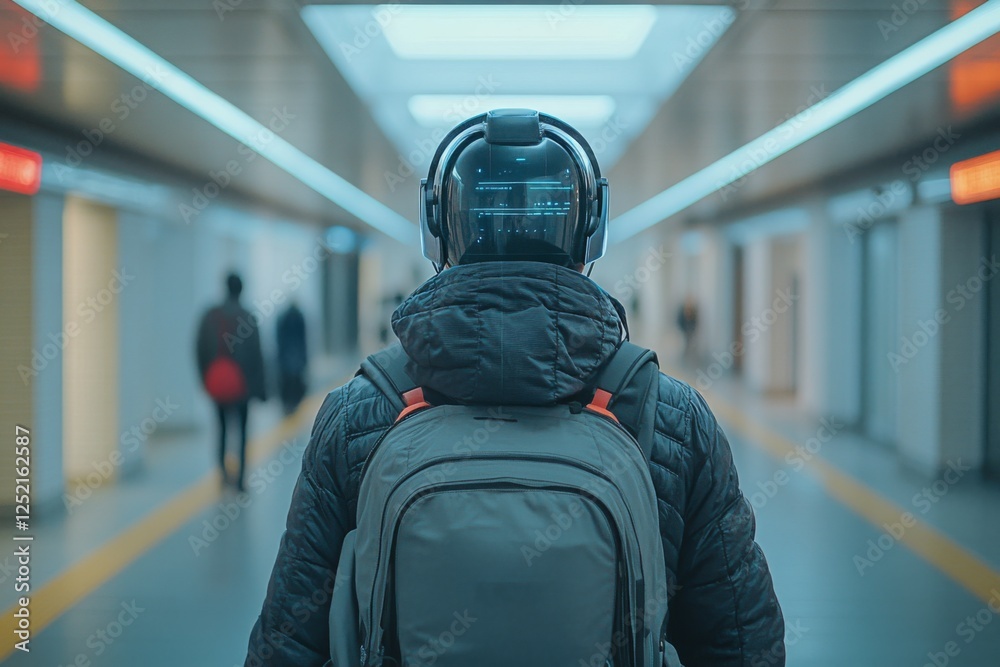Fototapeta premium Back view of a traveler with a backpack standing on a train platform