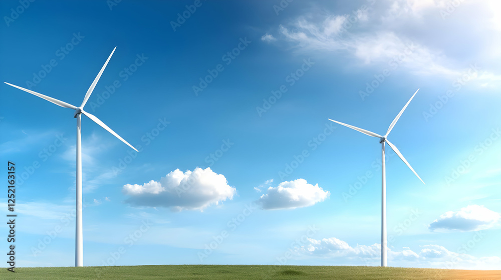 Fototapeta premium Wind turbines generating green energy on a sunny field
