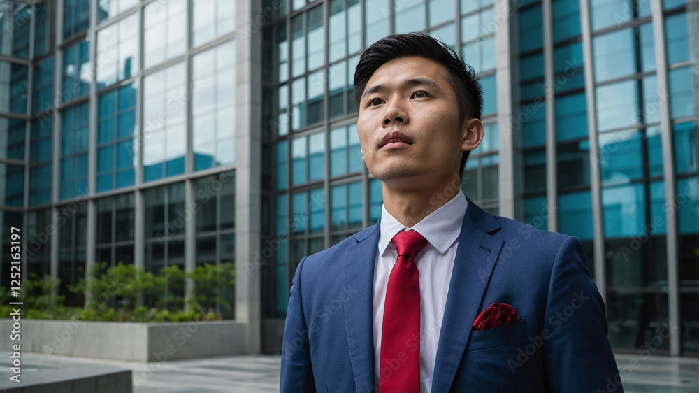Male Blue Suit Red Tie Outside Office Building Male Blue Suit Red Tie Outside Office Building