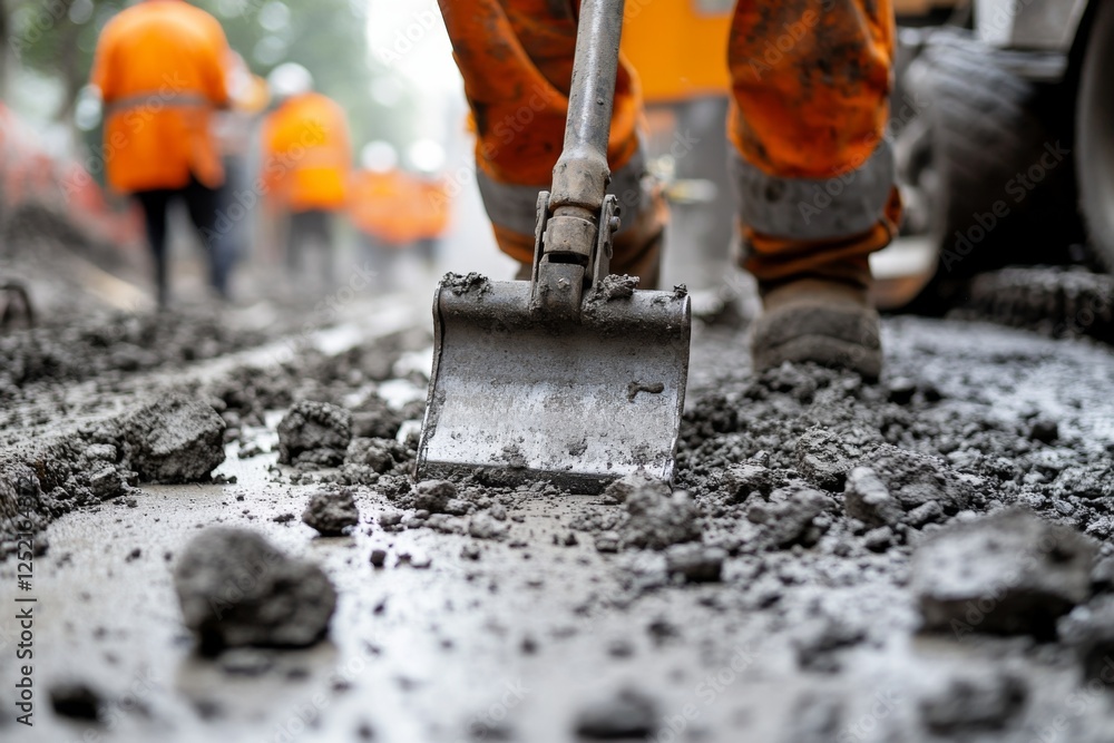 Workers repairing road with orange safety vests