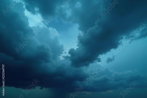 Heavy grey storm clouds with dark blue undertones in a vast sky, weather, grey, thunderstorm photo