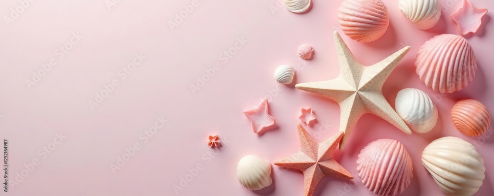 Seashell ornaments in shades of pink and white, soft hues, delicate decorations, seashells Seashell ornaments in shades of pink and white, soft hues, delicate decorations, seashells
