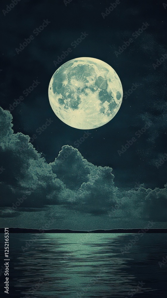Naklejka premium Full moon shines over the calm lake reflecting light