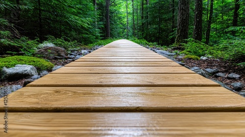Wooden walkway through lush forest, path in nature, leading into sunlight.  Possible use stock photo for nature, outdoors, travel, hiking