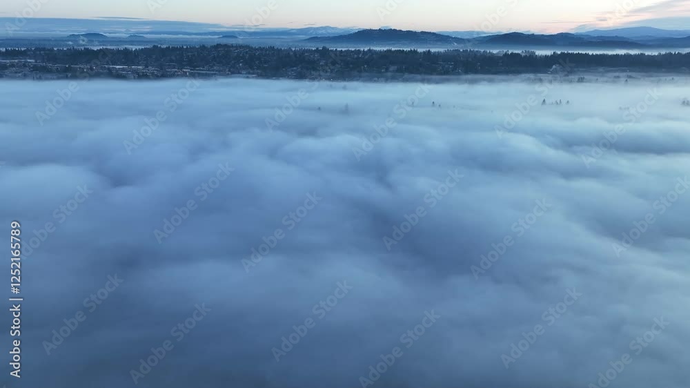 Early morning light illuminates a layer of fog covering the Willamette River and much of the valley it runs through in Oregon. The Pacific Northwest receives plenty of fog throughout the year. Early morning light illuminates a layer of fog covering the Willamette River and much of the valley it runs through in Oregon. The Pacific Northwest receives plenty of fog throughout the year.