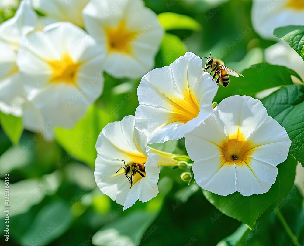 Obraz premium Bees pollinating white flowers in garden