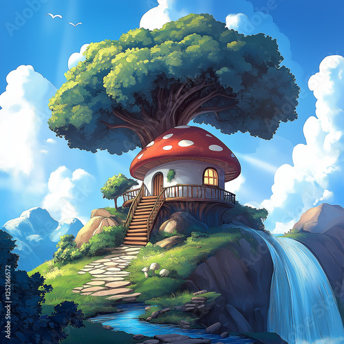 Fantasy illustration of a mushroom house on a hilltop with a large tree, surrounded by a waterfall, lush greenery, and a bright blue sky
