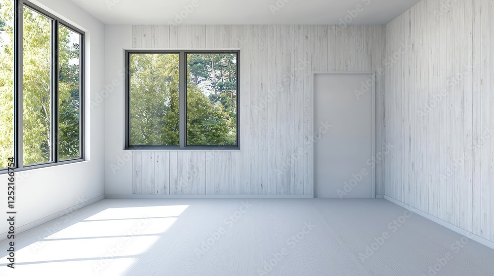 Obraz premium Empty White Room With Wooden Wall And Windows