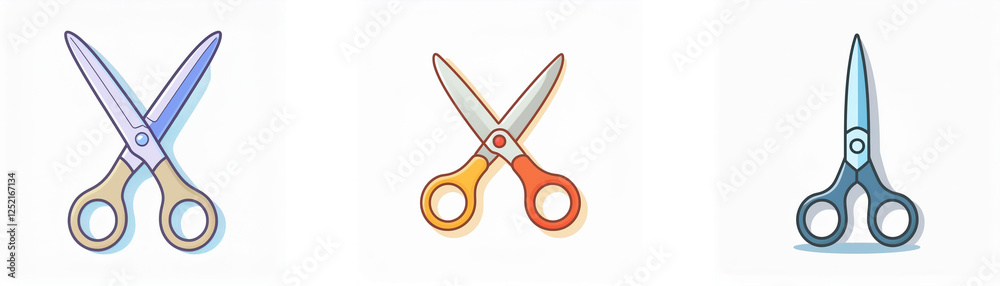 Three pairs of scissors, each with different handle colors, are arranged against a clean white backdrop. Each pair is depicted in a slightly different style. Three pairs of scissors, each with different handle colors, are arranged against a clean white backdrop. Each pair is depicted in a slightly different style.