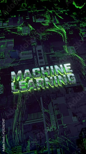 Vertical Machine Learning Text with Chip Texture Futuristic Typography in a Digital Tech Environment with Flowing Data Particles