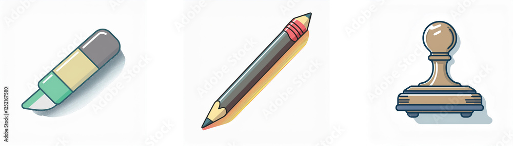 Three stationery items are displayed: a pastel eraser, a grey pencil with a red tip, and a classic wooden stamp, all on a white background. Three stationery items are displayed: a pastel eraser, a grey pencil with a red tip, and a classic wooden stamp, all on a white background.