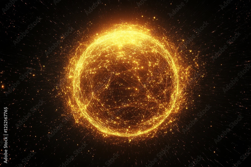 Fototapeta premium Golden interconnected sphere glows brightly against a dark background