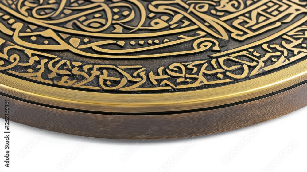 Fototapeta premium Intricate brass plate featuring detailed Arabic calligraphy against a smooth wooden background
