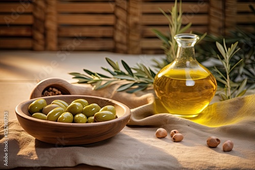 Prepping olive oil seed in ceramic glass for body and culinary care with mortar and olives nearby
