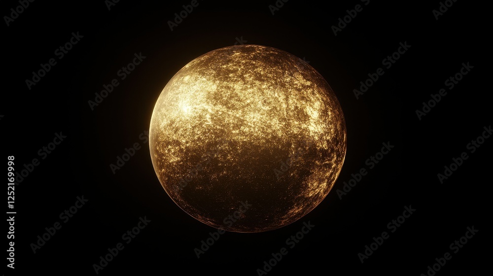 Golden orb with mottled surface floats against a dark backdrop Golden orb with mottled surface floats against a dark backdrop