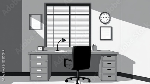 Office Workspace, Gray Interior, Sunlight, Work Desk, Empty Room photo