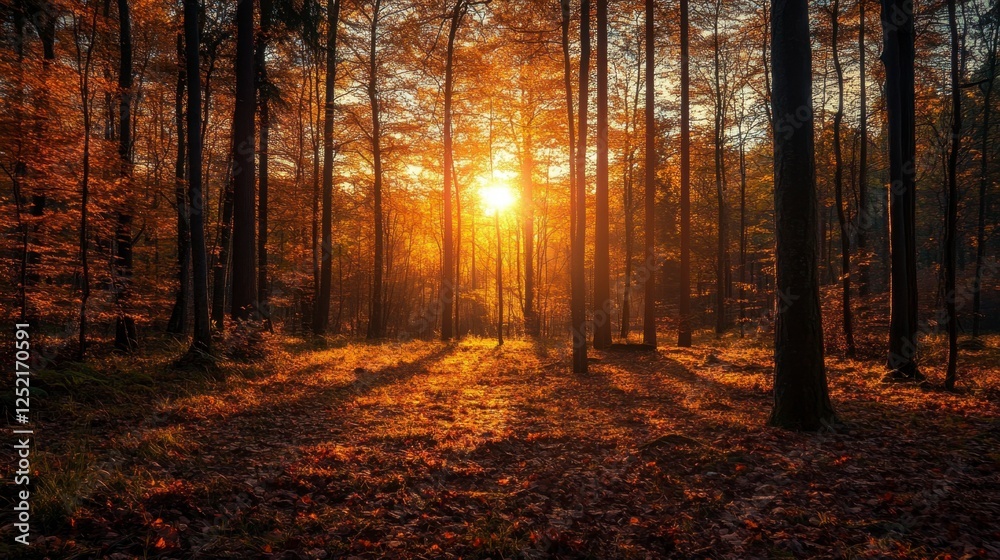 Fototapeta premium Sunlight Bursting Through Autumn Forest Canopy, Fall Colors