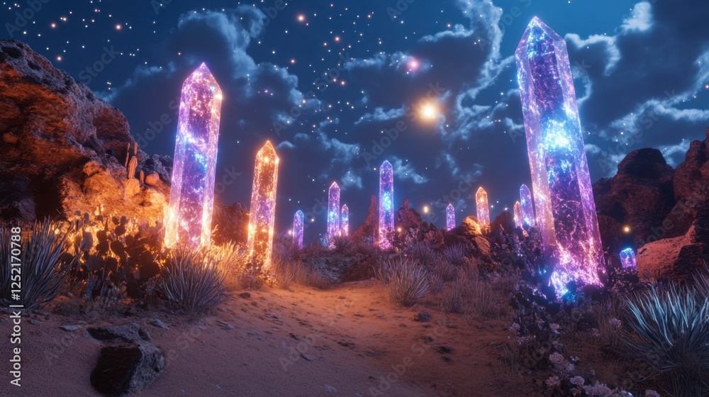Fototapeta premium Crystal Desert Nightscape: Glowing Formations Under Starry Sky, otherworld